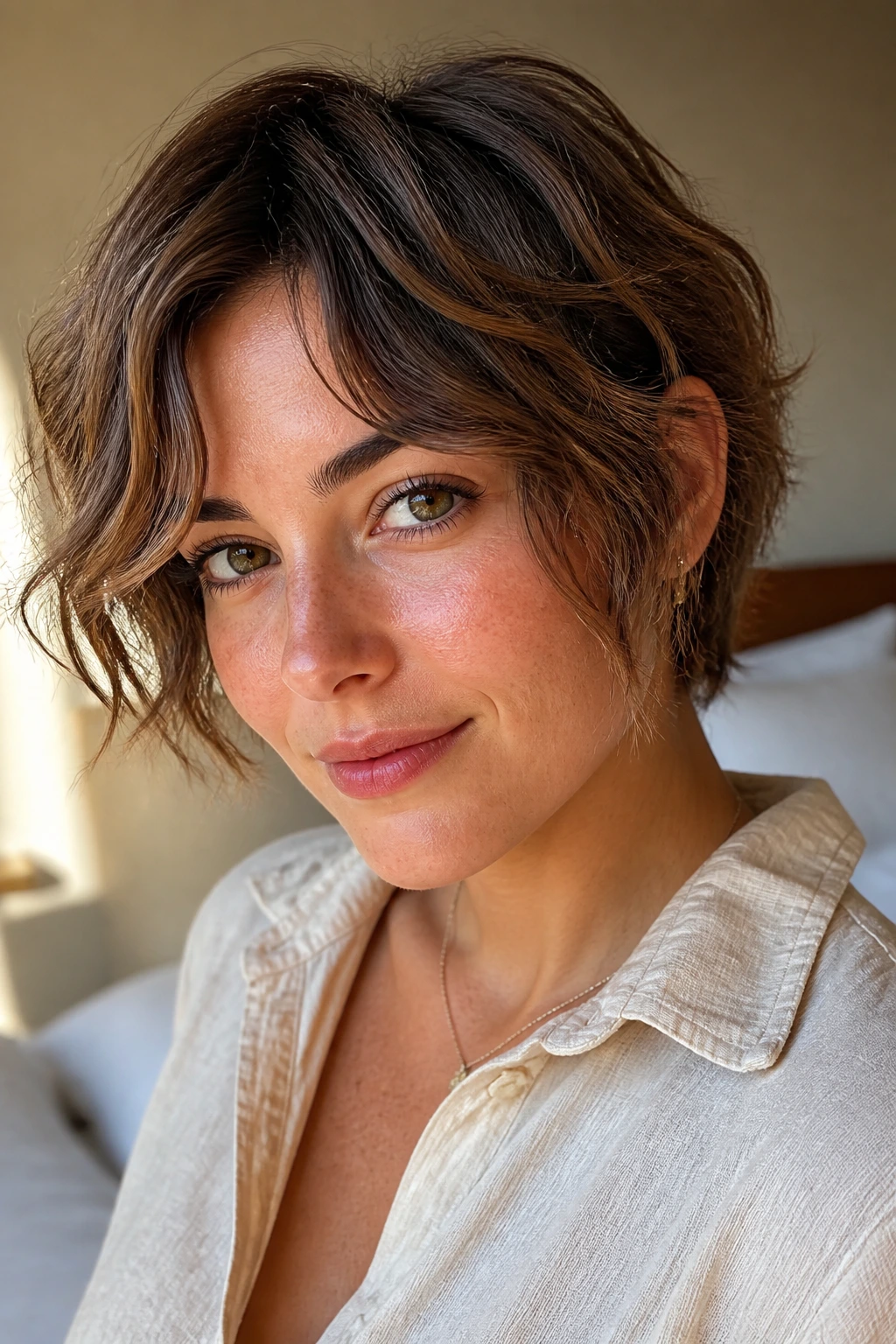 Close-up portrait of a real woman with a grown-out bixie hairstyle and wavy texture in natural window light