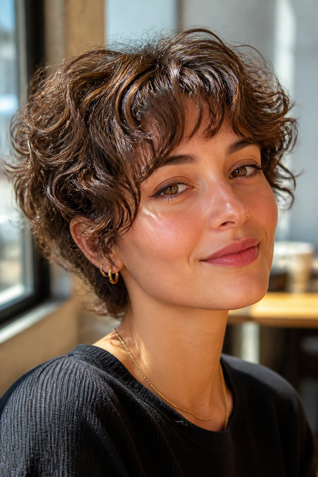Close-up of a real woman with a bixie cut and wispy fringe in natural light
