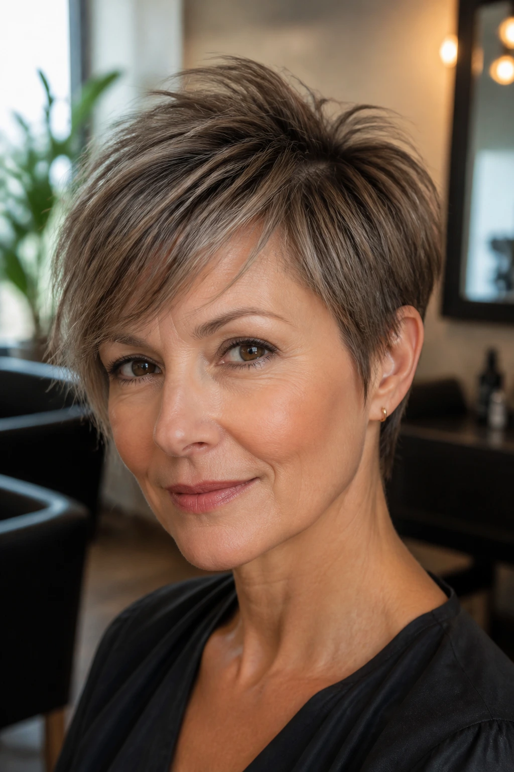 Close-up portrait of a real woman with a bixie haircut and wispy side fringe in a sunlit salon