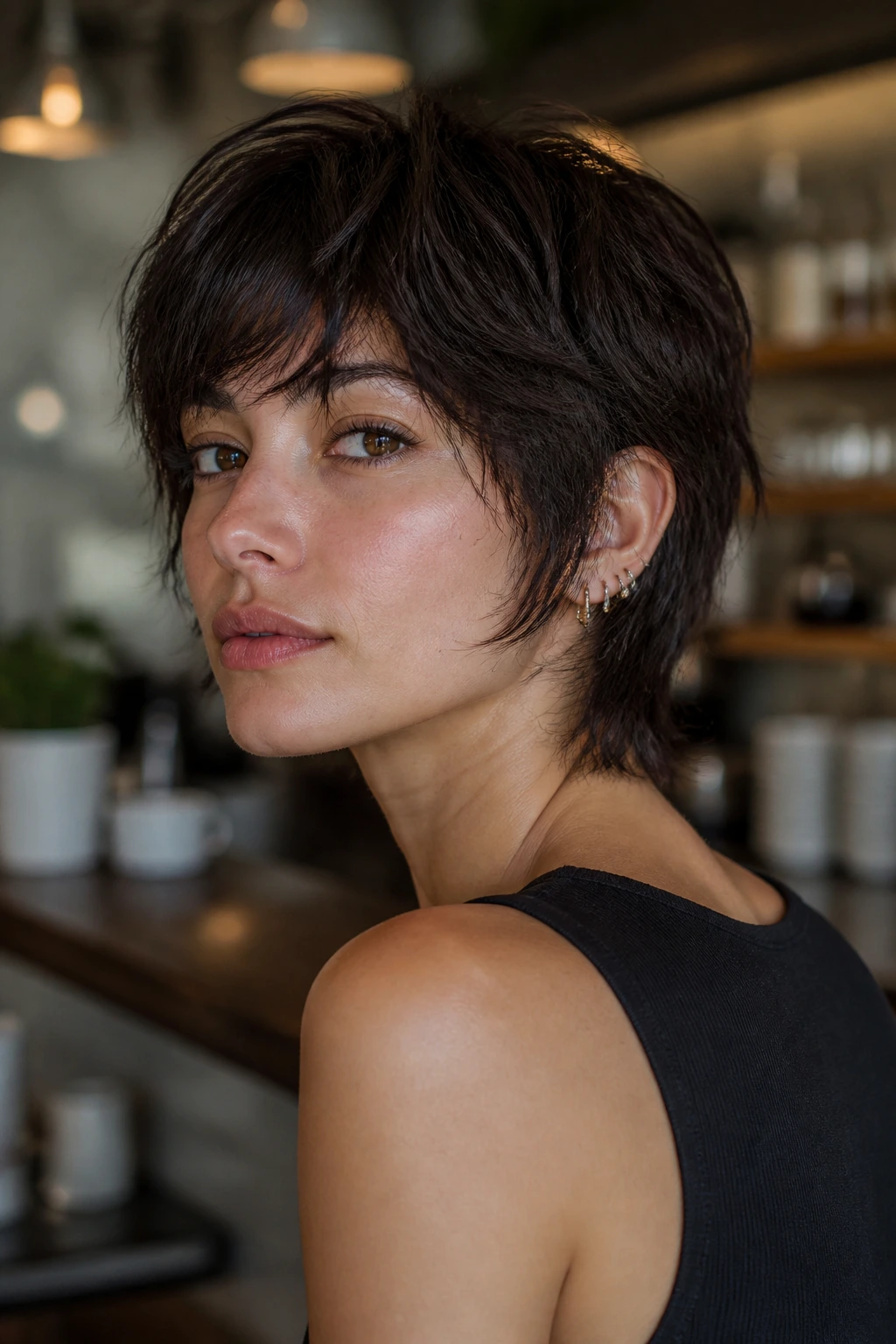Close-up of real person in bixie wolf cut with tapered nape and front fullness