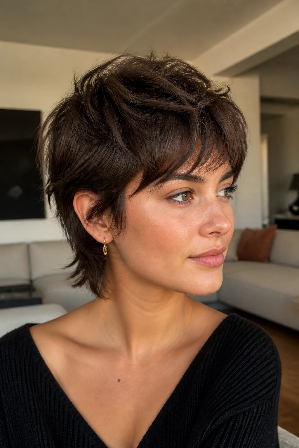 Close-up portrait of a real person with bixie wolf cut soft crown layers and fringe