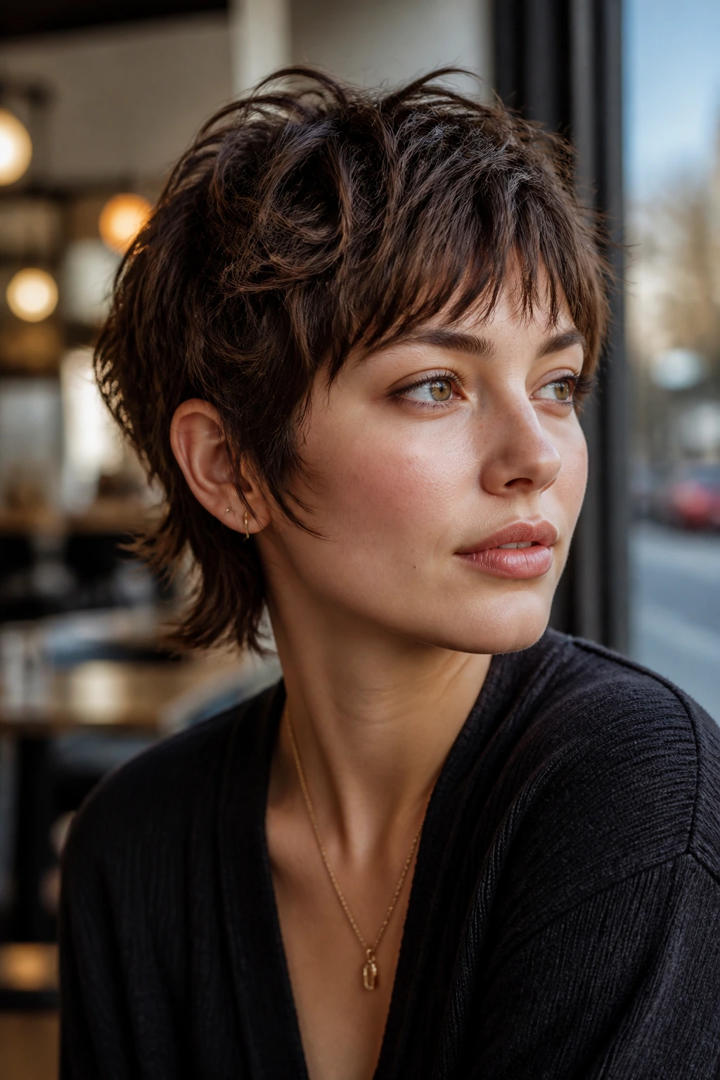 Close-up portrait of a real person with the bixie-wolf hybrid hairstyle in a cafe setting