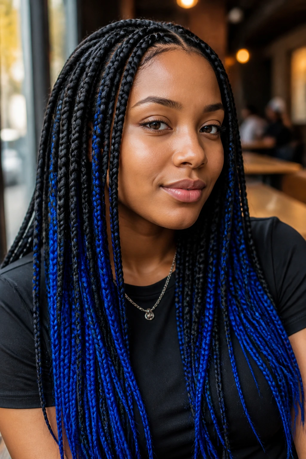 Close-up portrait of a person with black and blue box braids.