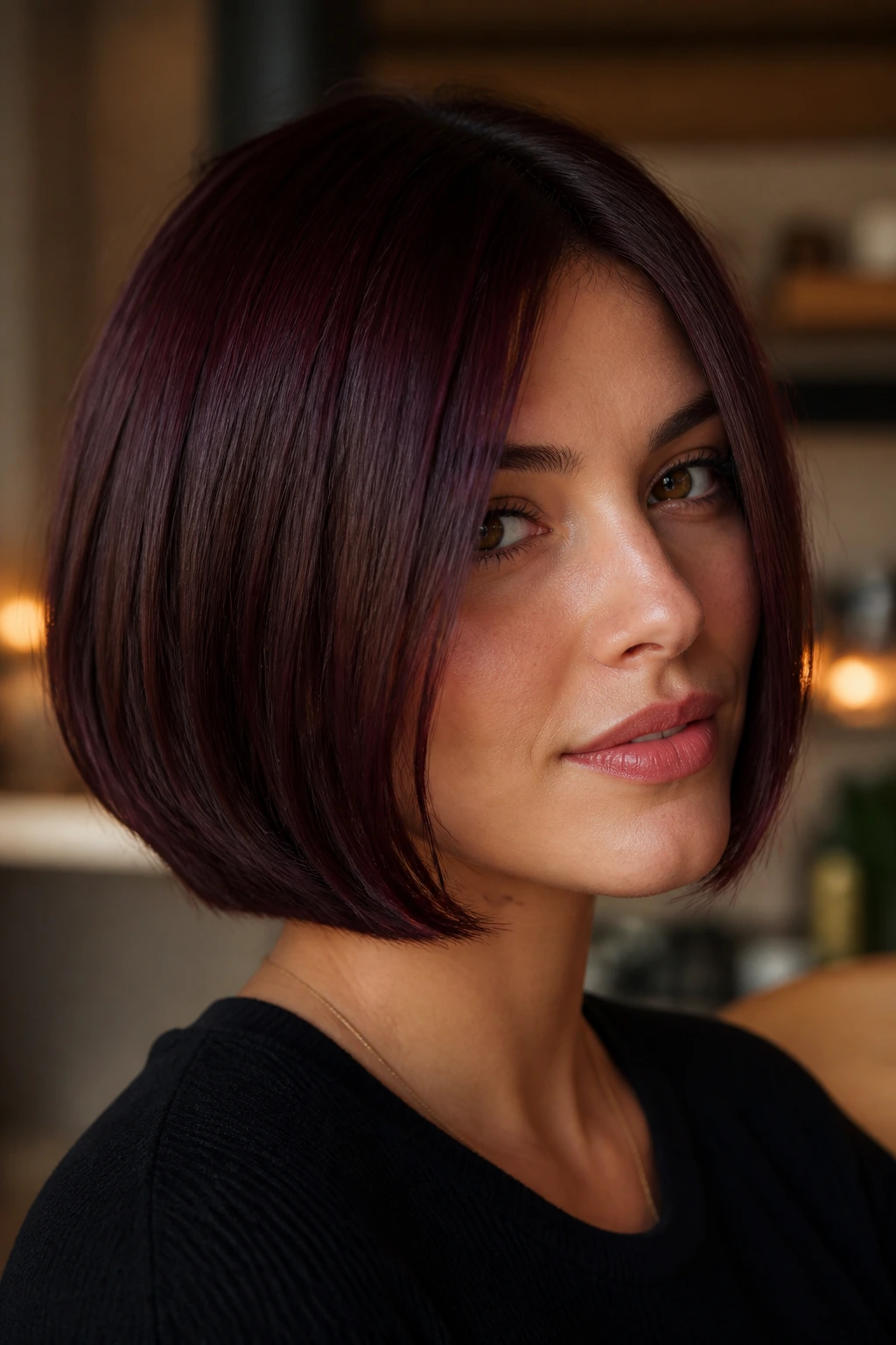 Portrait of a woman with a black cherry bob and glossy ends.