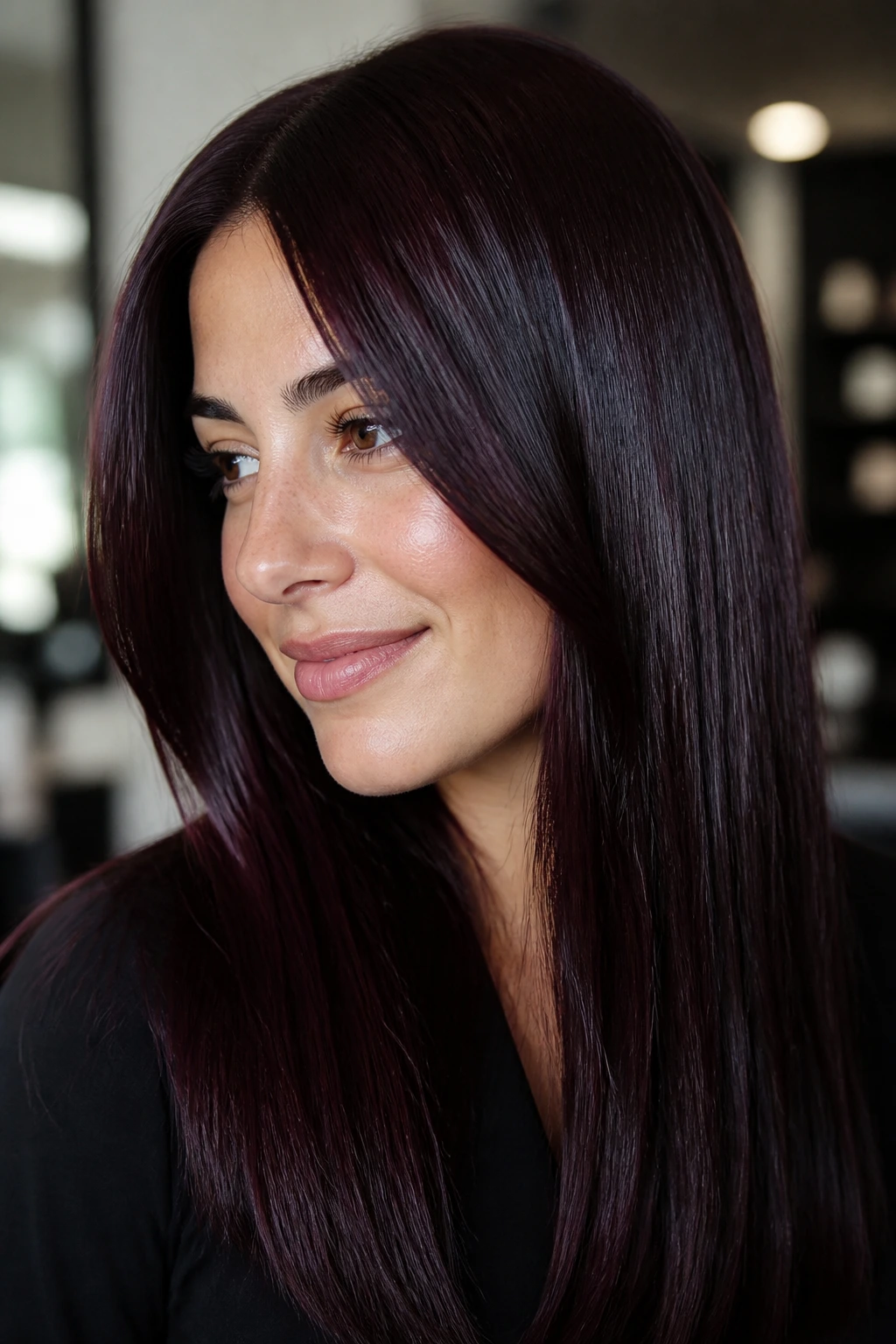 Close-up of a real woman with black cherry brunette straight hair and red-violet undertones in soft light