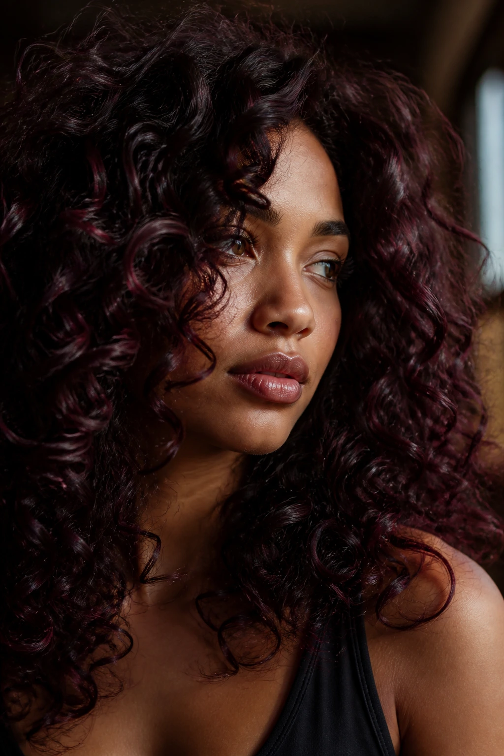 Close-up of black cherry color on curly hair showing red-violet undertones.
