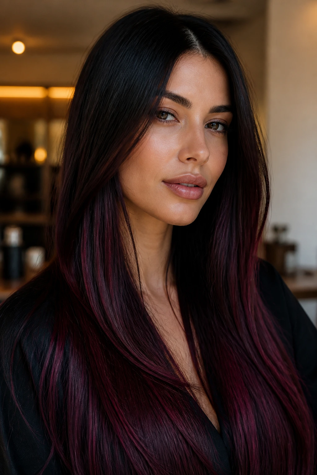 Close-up portrait of a real woman with deep brunette hair and cherry gloss balayage