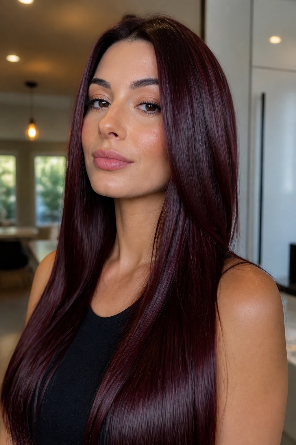 Portrait of a woman with straight, glossy black cherry hair.