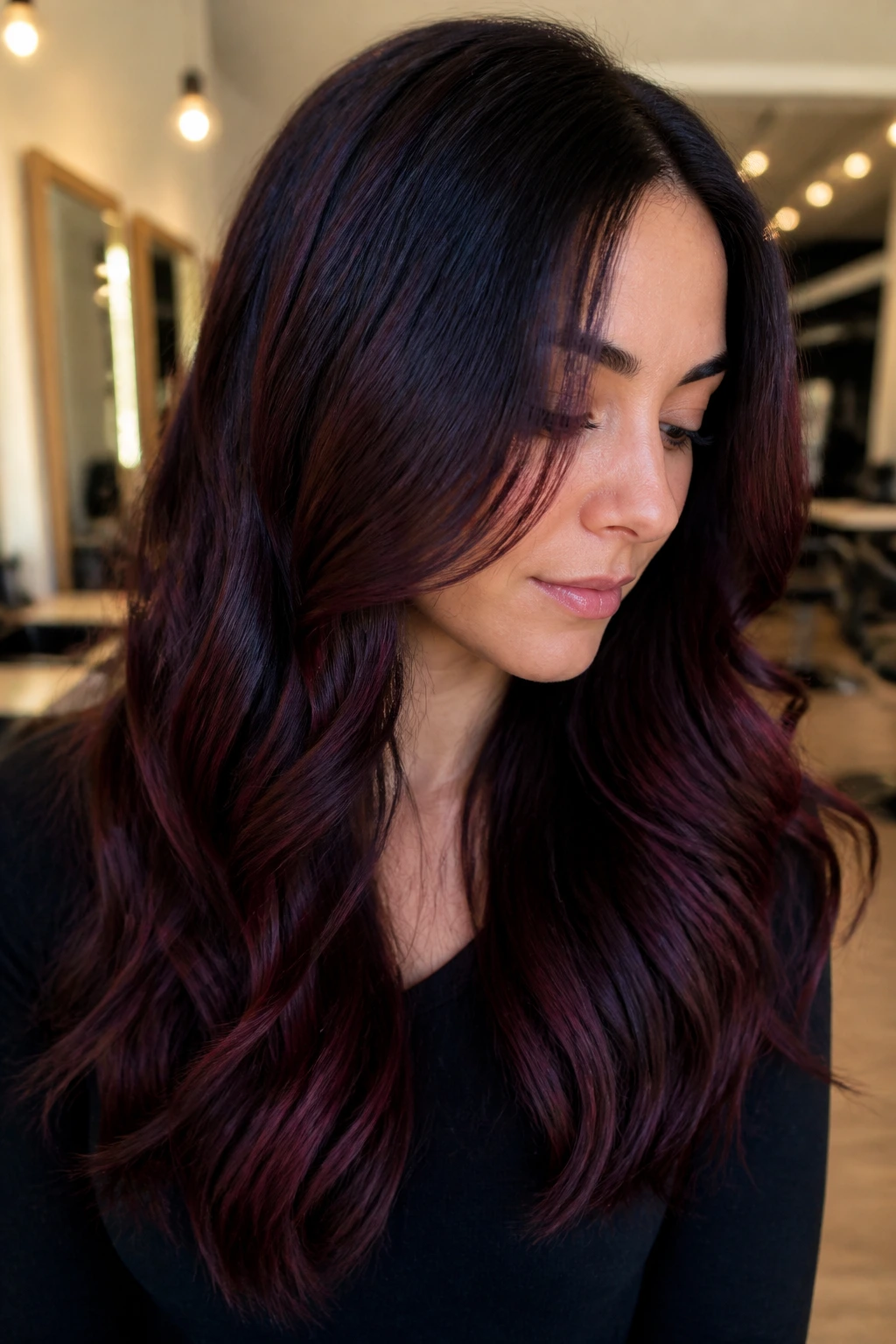 Close-up portrait of black cherry hair color with red-violet accents
