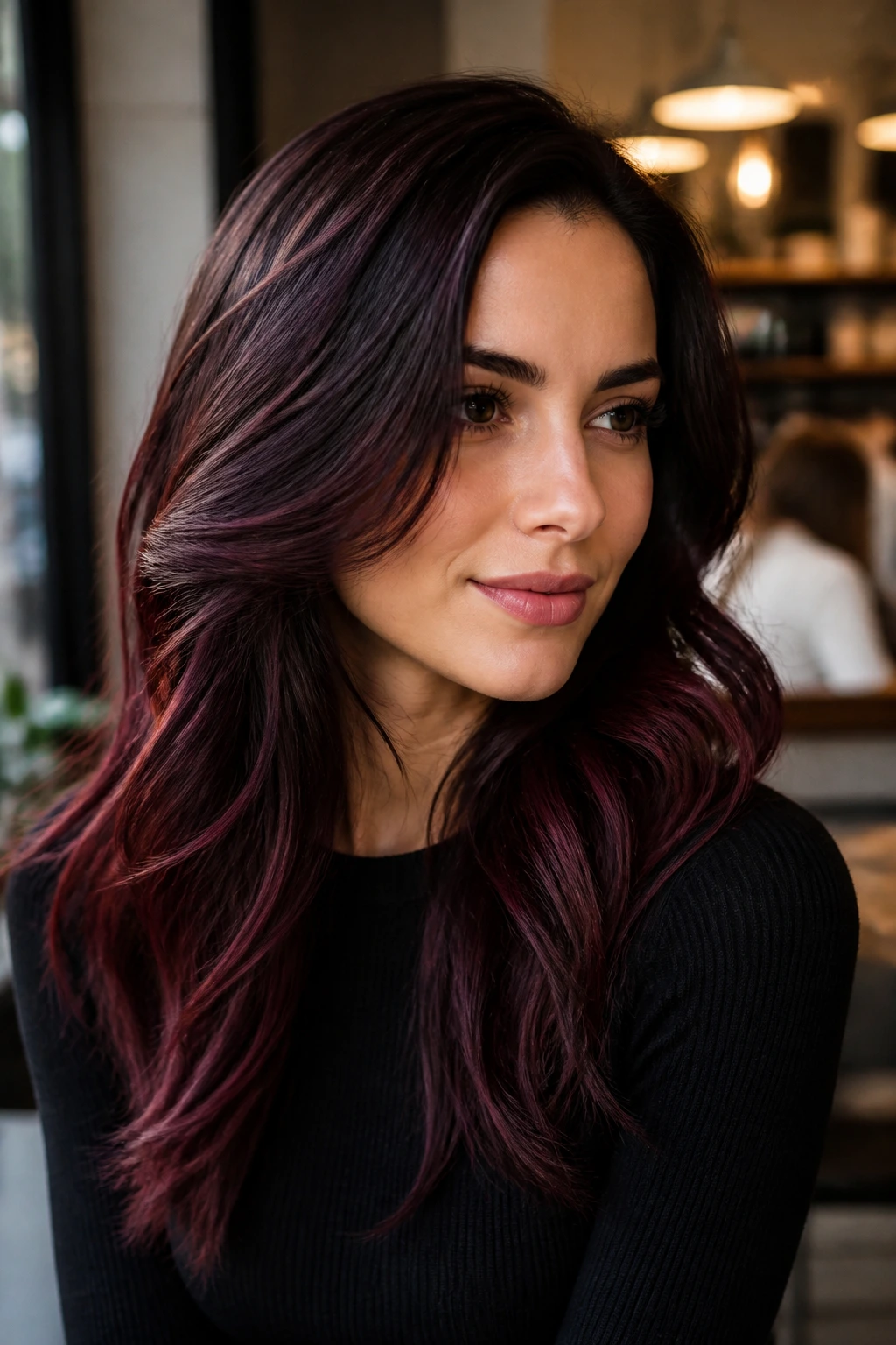 Close-up of black cherry hair with red-plum undertones on a real person