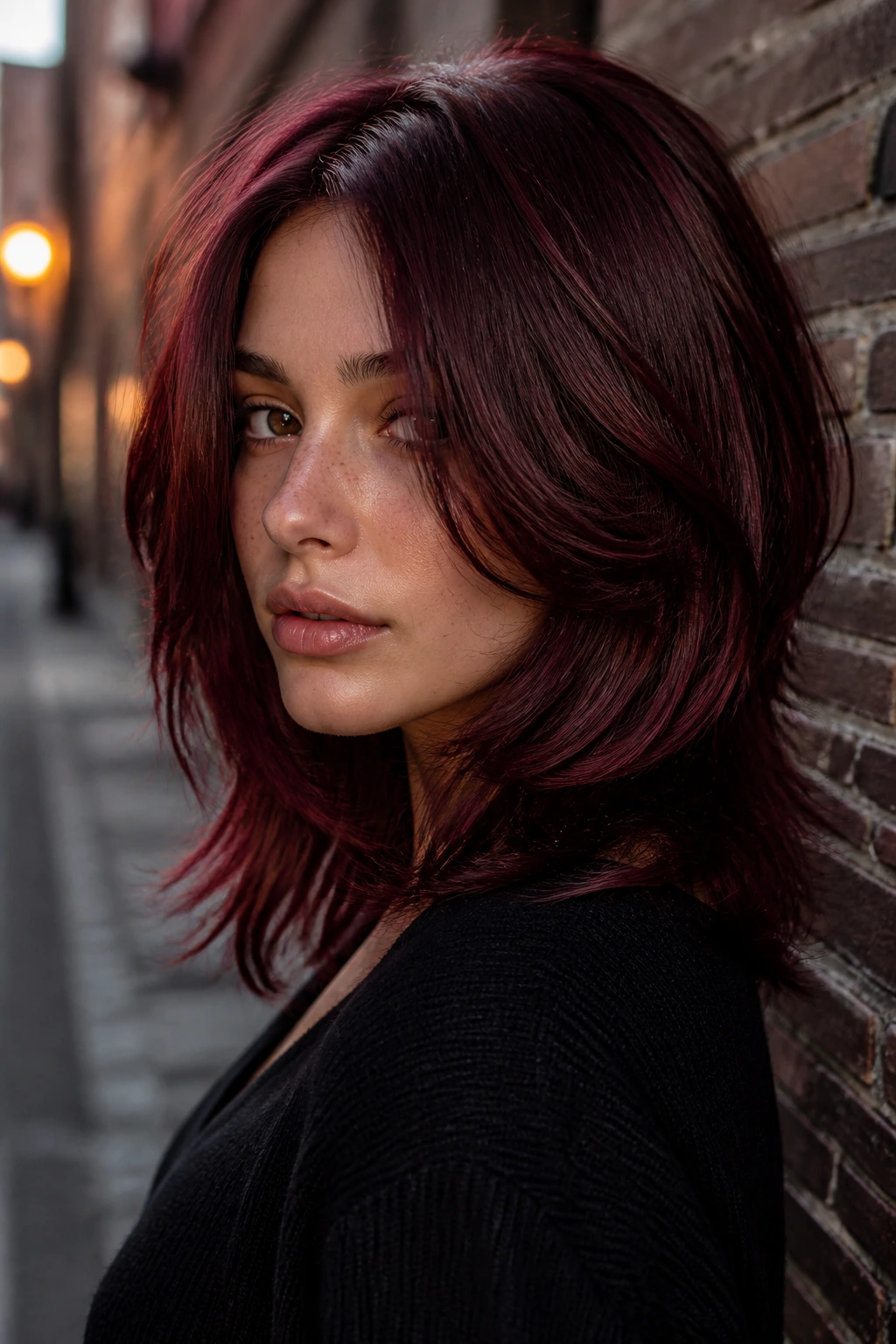 Close-up of real woman with black cherry layered hair in moody urban light