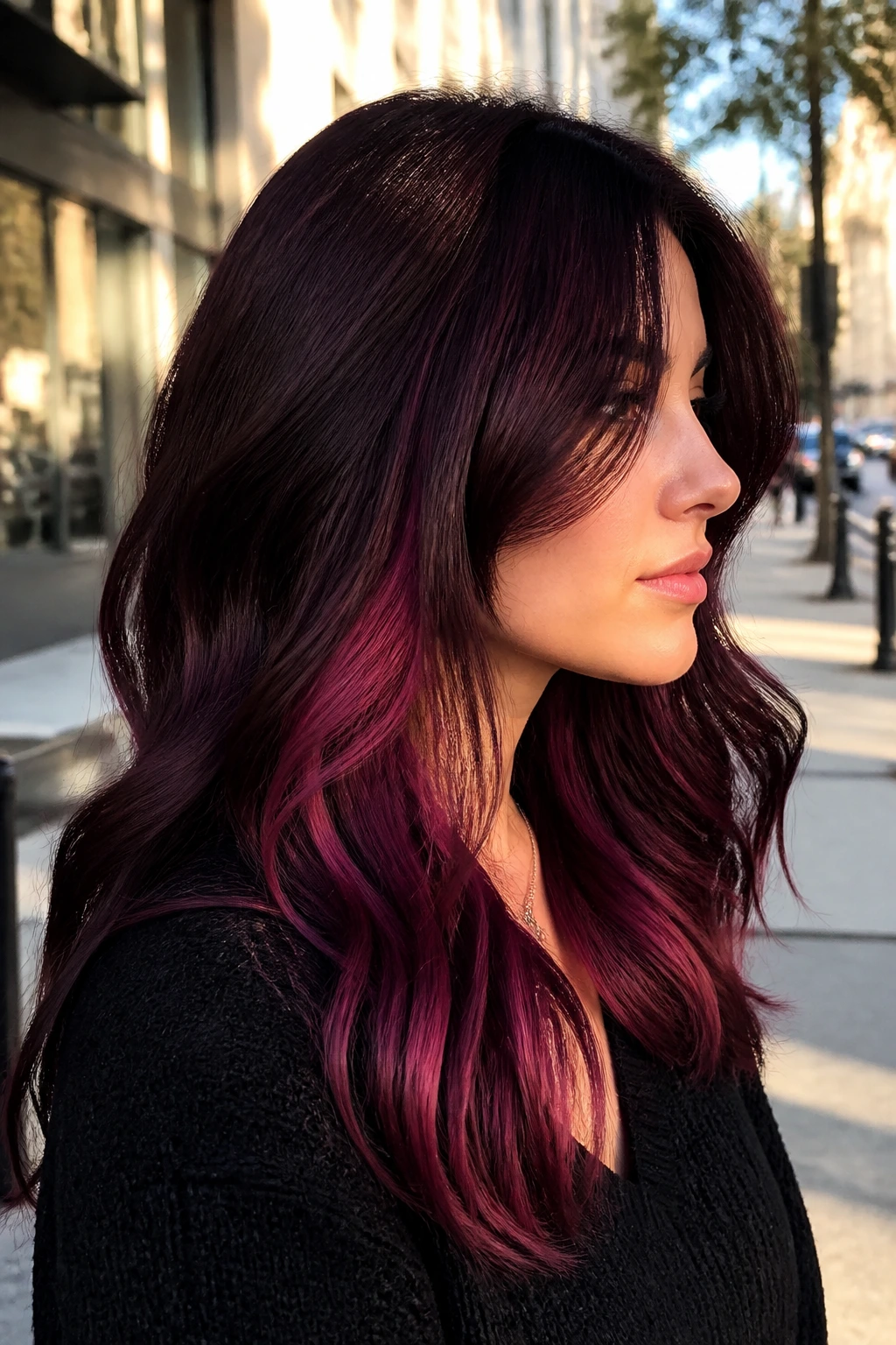 Close-up of a real person with black cherry hair and mulberry peekaboo panels under the top layer