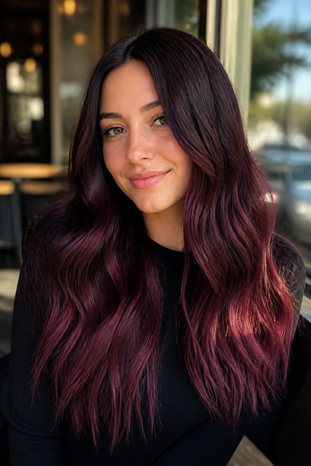 Close-up of a real woman with black cherry to plum wine ombre on long hair