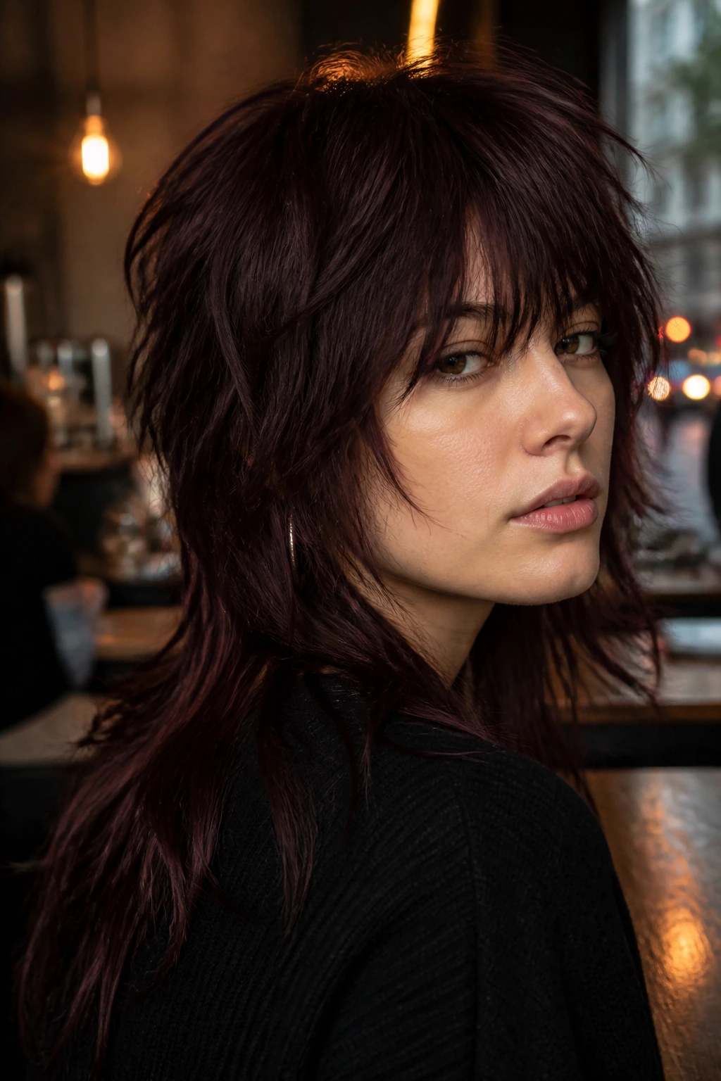Close-up portrait of a real woman with black cherry shag mullet showing feathered ends and red-violet highlights in a moody cafe setting