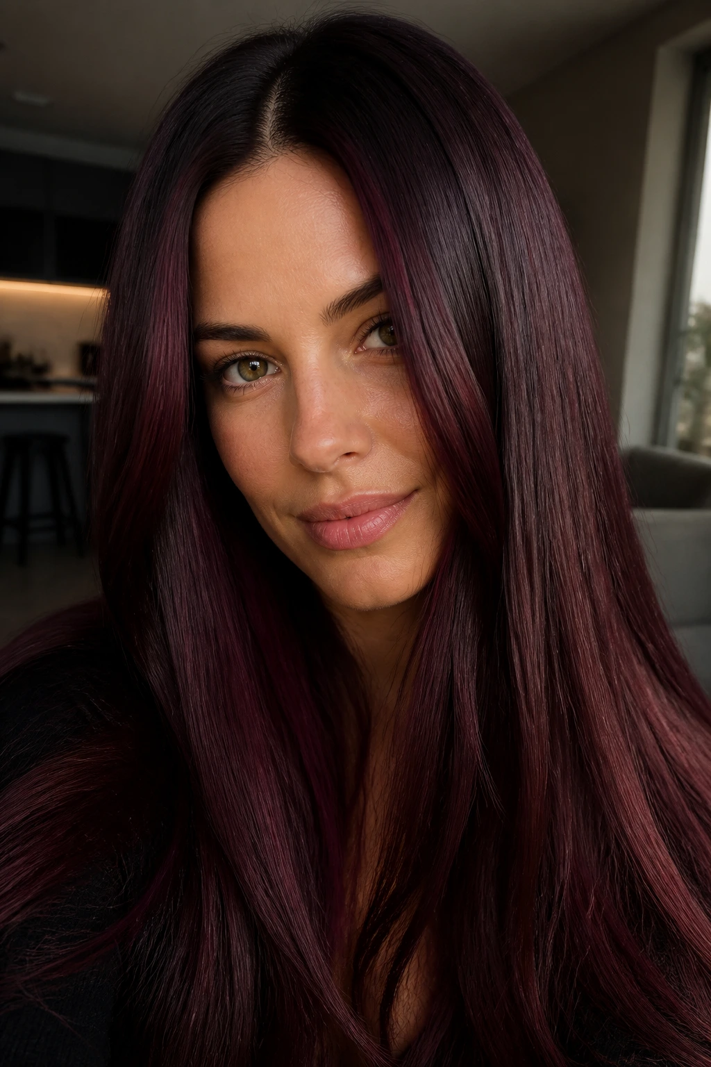 Close-up portrait of a real person with black cherry shine on straight hair