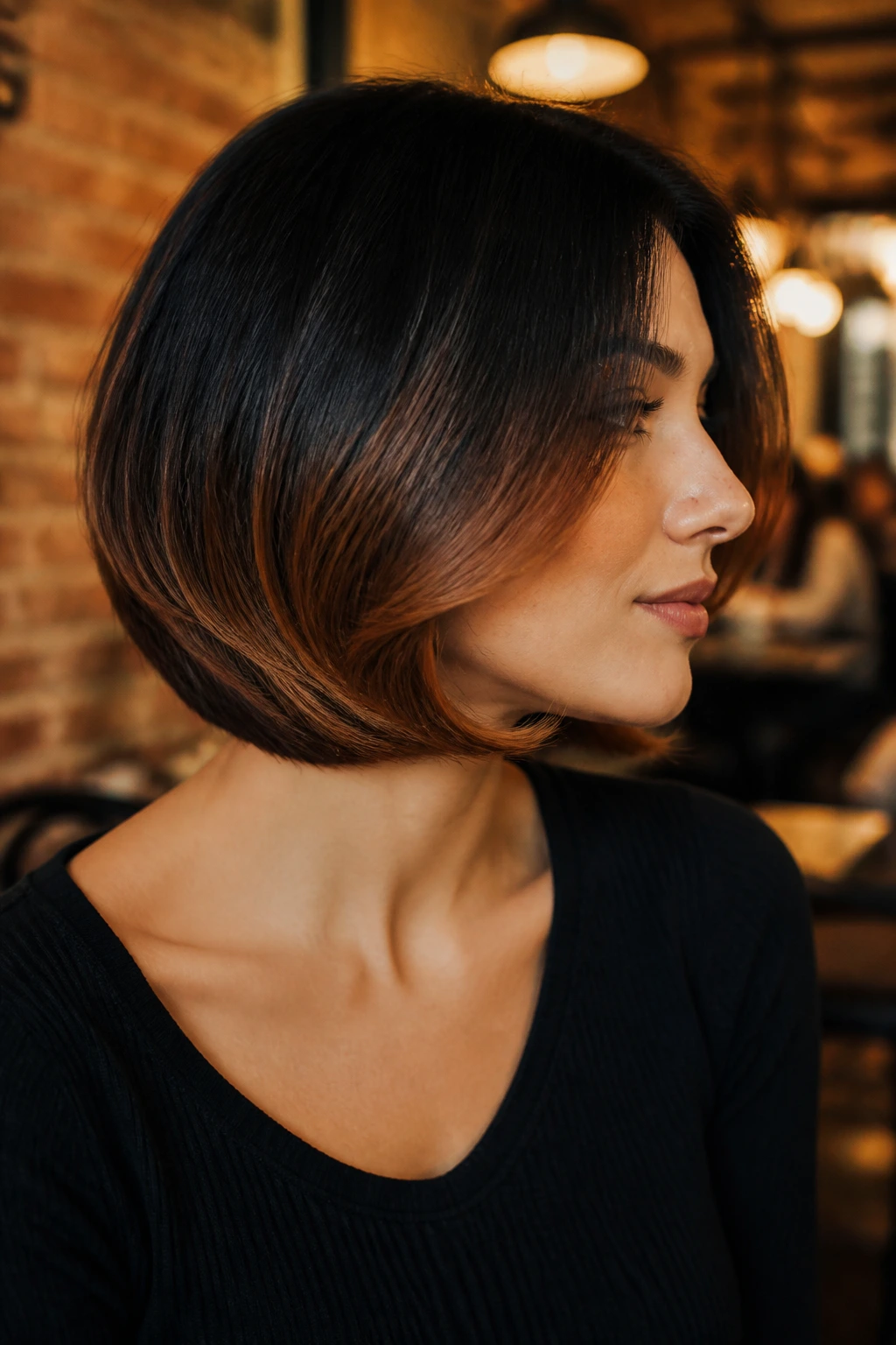 Portrait of a person with a curved bob transitioning from black to chestnut