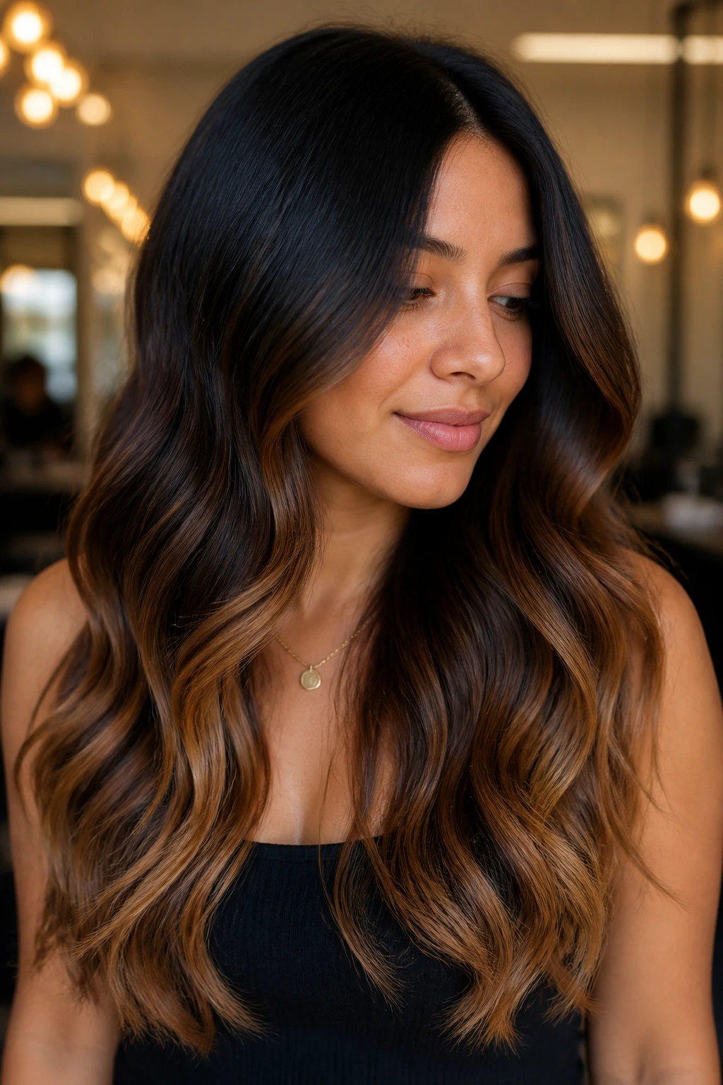 Close-up portrait of hair color melt from black to cocoa to caramel on a real person