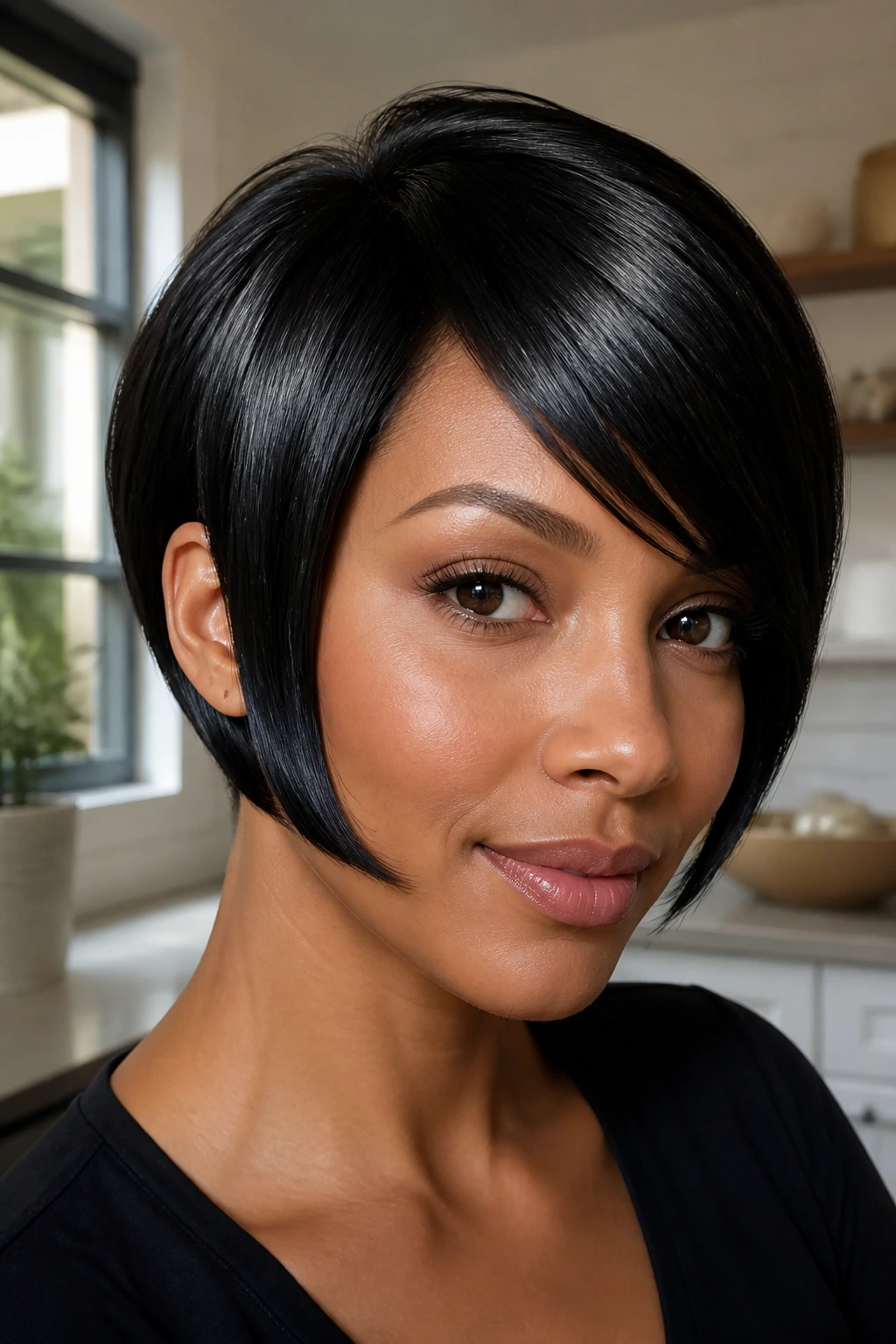Close-up of a woman with a shiny black pixie bob.
