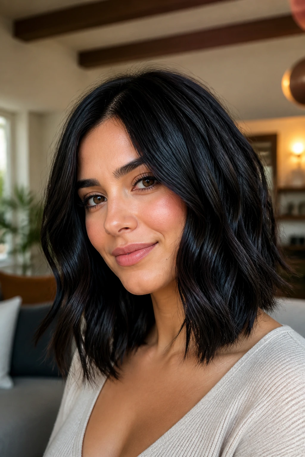 Close-up of a woman with glossy black hair and dimensional shine