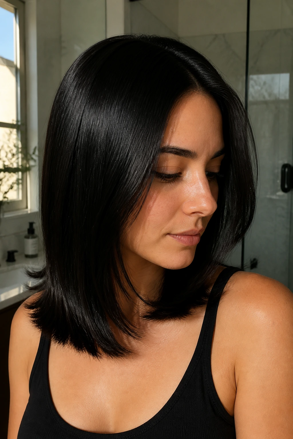 Close-up of glossy black hair in a bathroom setting showing healthy ends and shine
