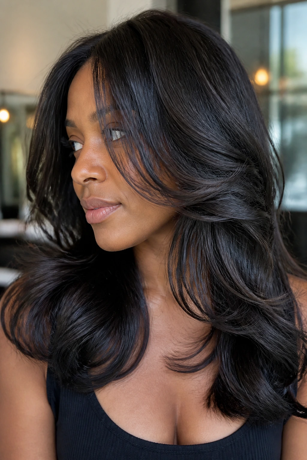 Real-person portrait highlighting mid-length movement in black hair