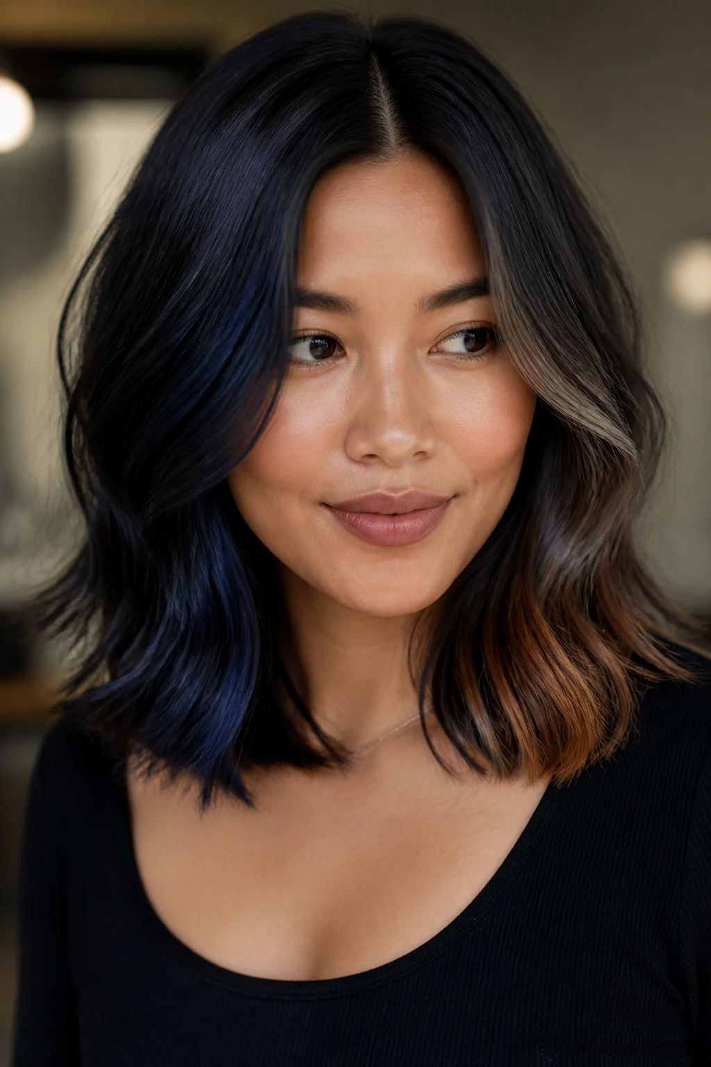 Portrait of a real person with black hair showing color variations such as blue-black and cinnamon tones