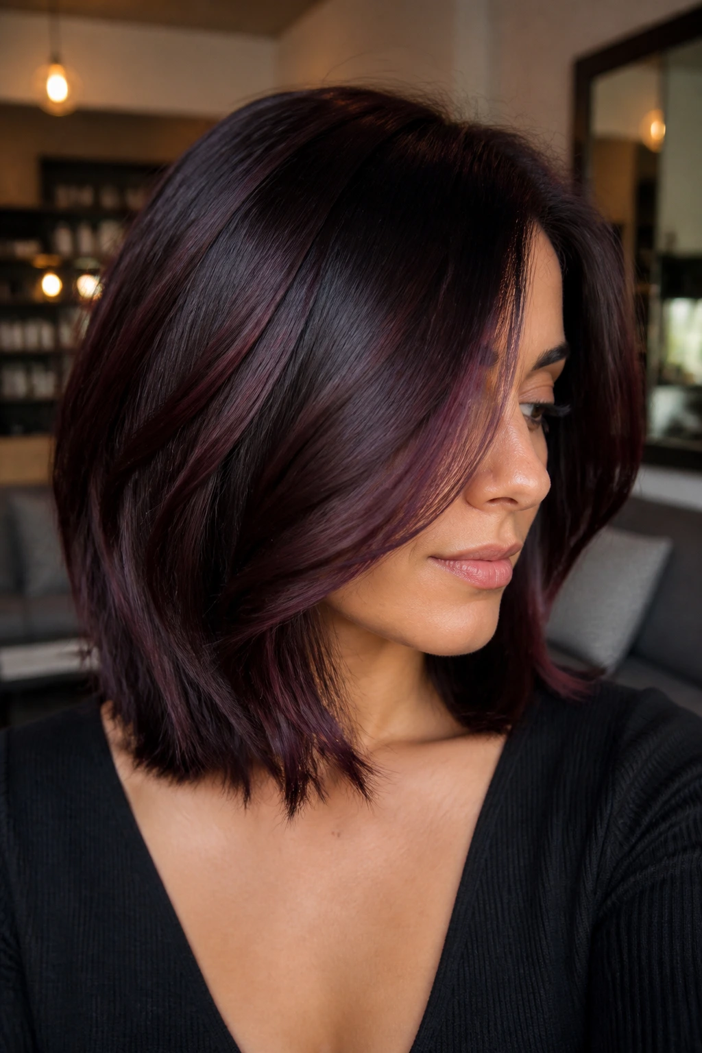 Close-up of shoulder-length black hair with velvet black raspberry sheen catching light
