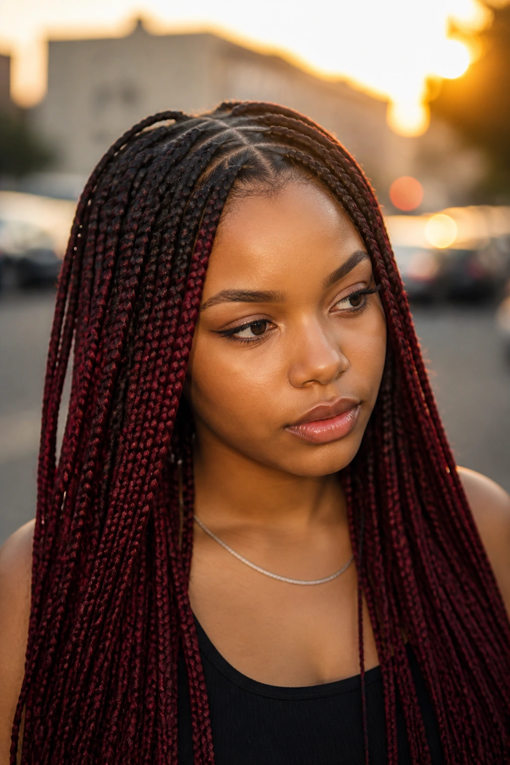 Close-up of burgundy knotless braids with black roots on a real person