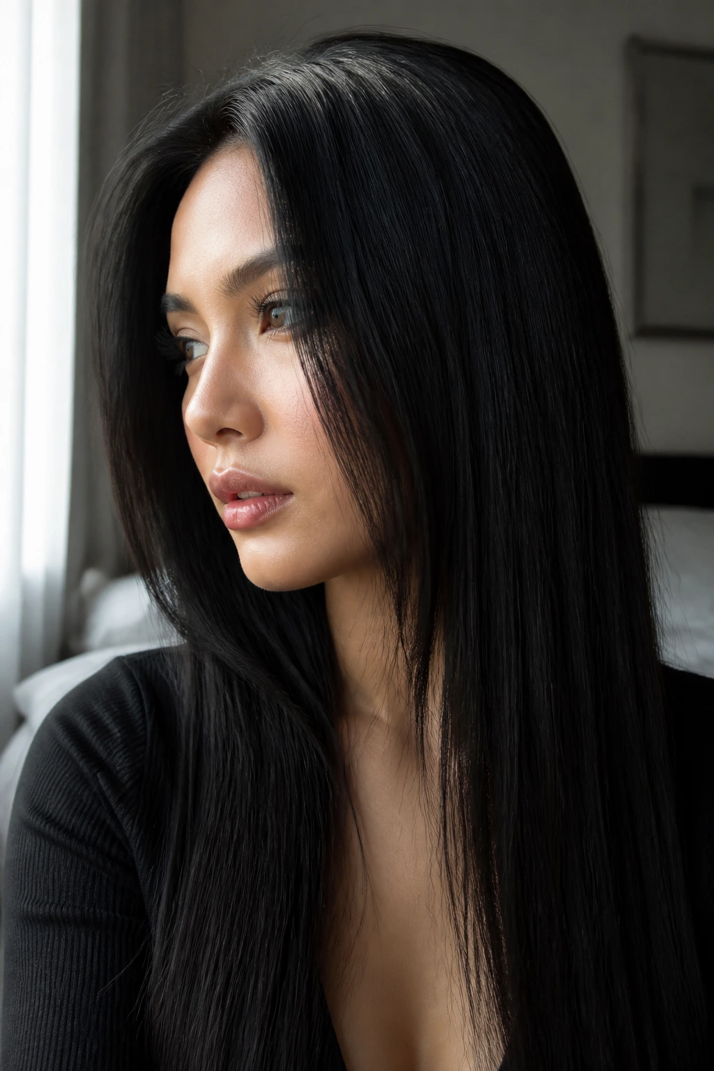 Close-up of a real person with glossy black hair in a straight style under natural light