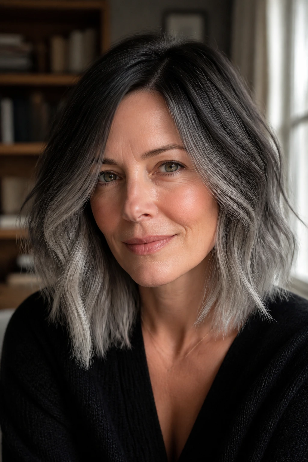 Portrait of a real woman with a soft black-to-silver transition lob