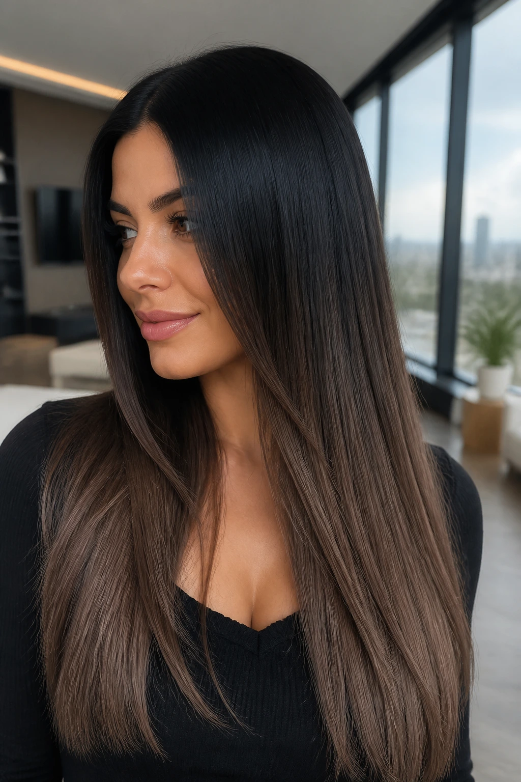 Real person with straight hair showing black to smoked mocha ombre
