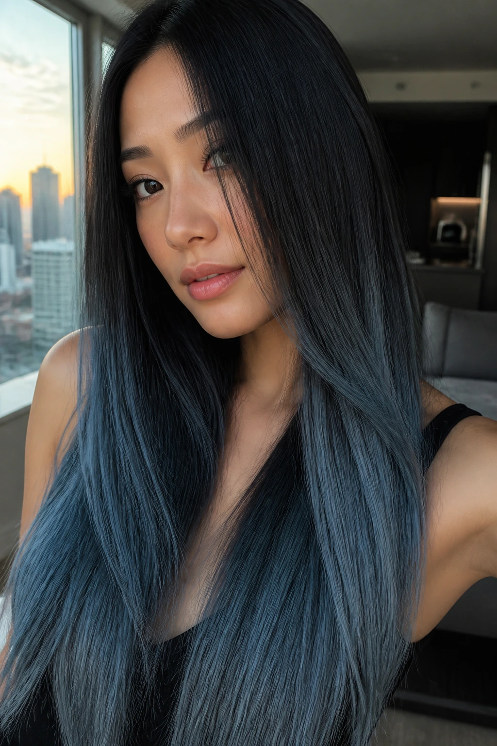 Close-up of long hair transitioning from black to smoky blue ends in a modern apartment.
