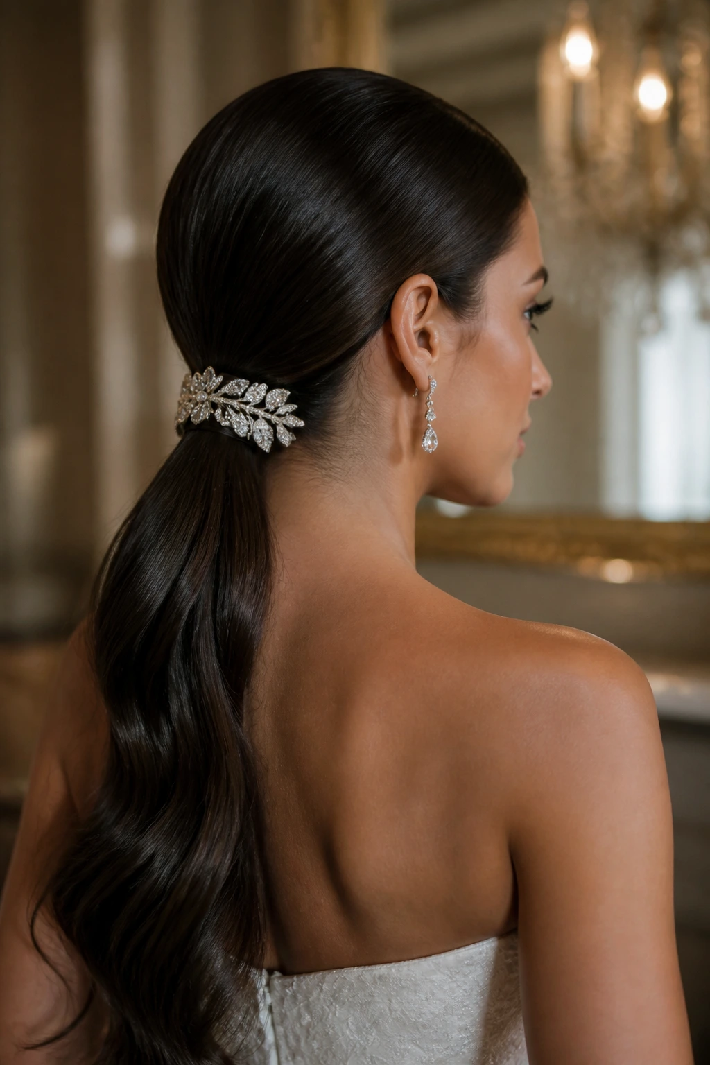 Bride with a black-tie low ponytail and jewel comb at the nape