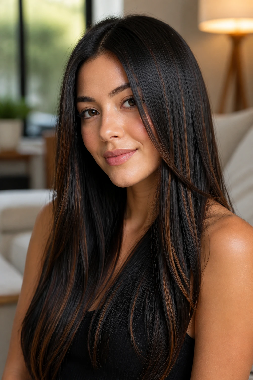 Close-up portrait of real person with black hair and caramel ribbons