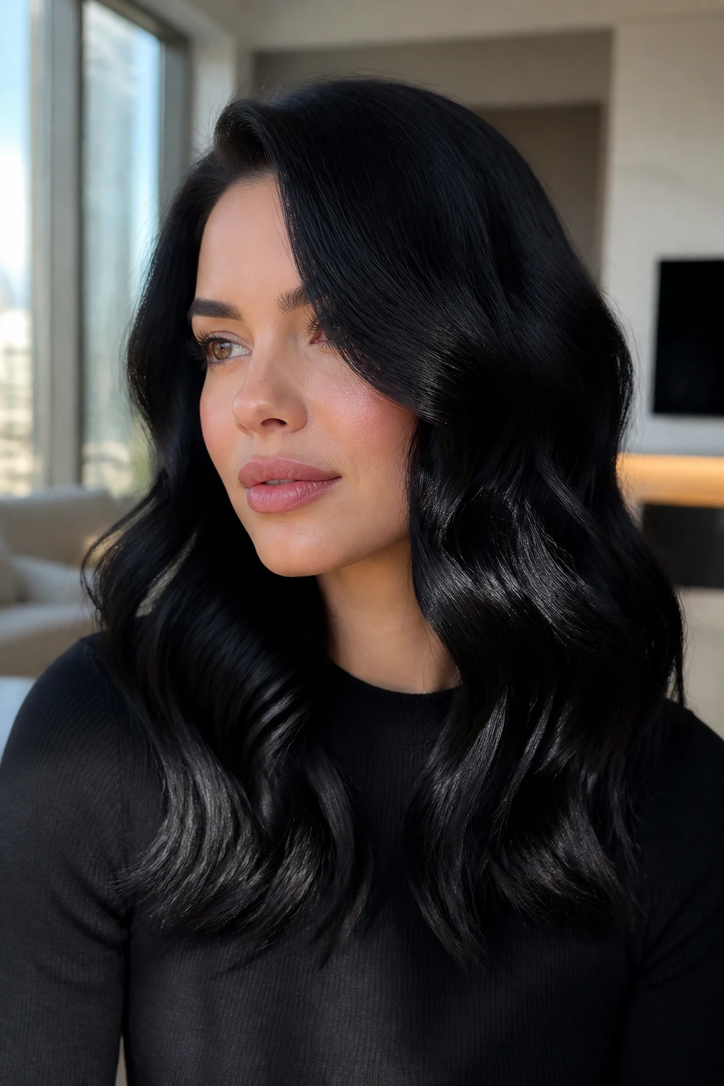 Close-up of glossy black waves on a real person