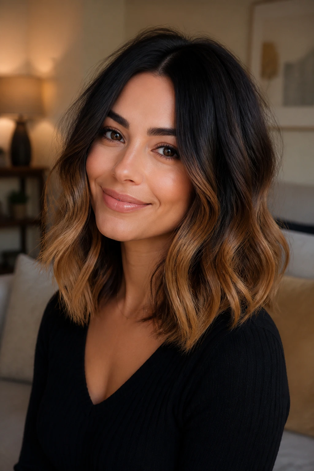 Close-up of a real woman with black velvet toffee ombre on shoulder-length hair