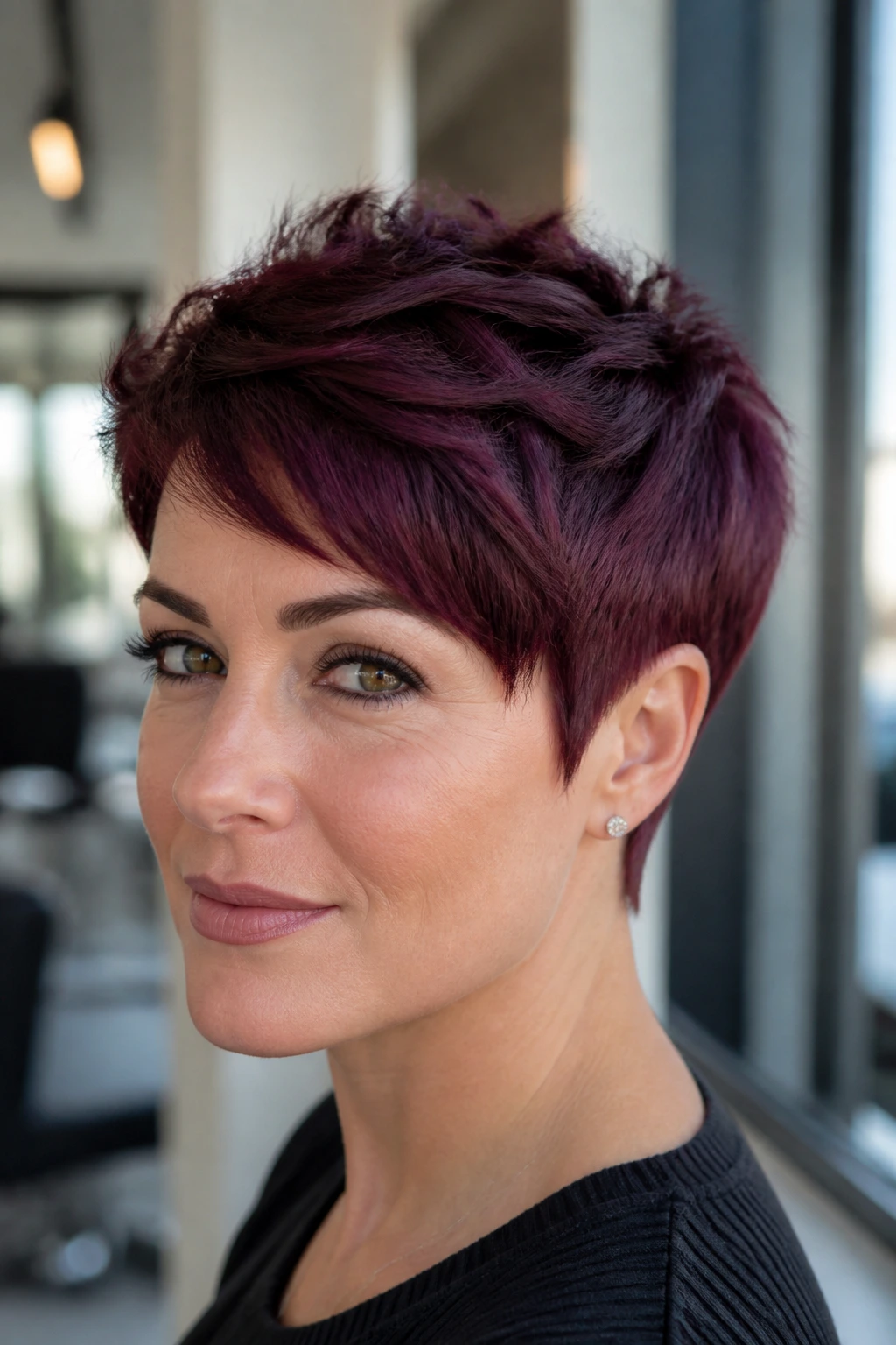 Close-up of Blackberry Burgundy Pixie on a real person, vivid pixie cut in deep burgundy.