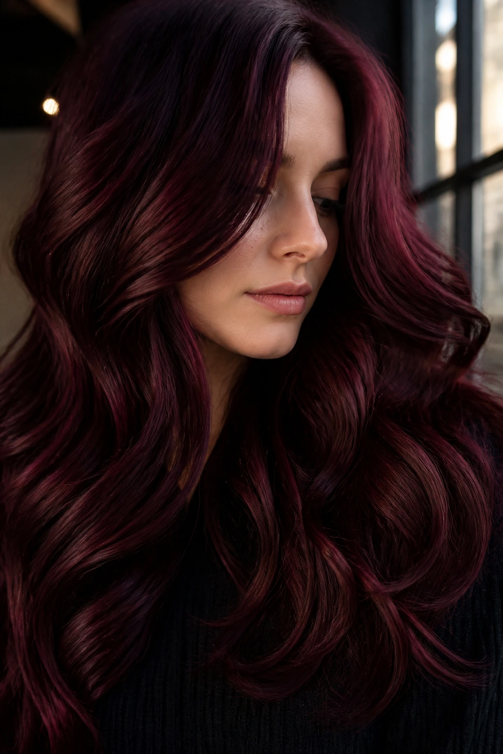 Real woman with deep blackberry red dimension in long wavy hair