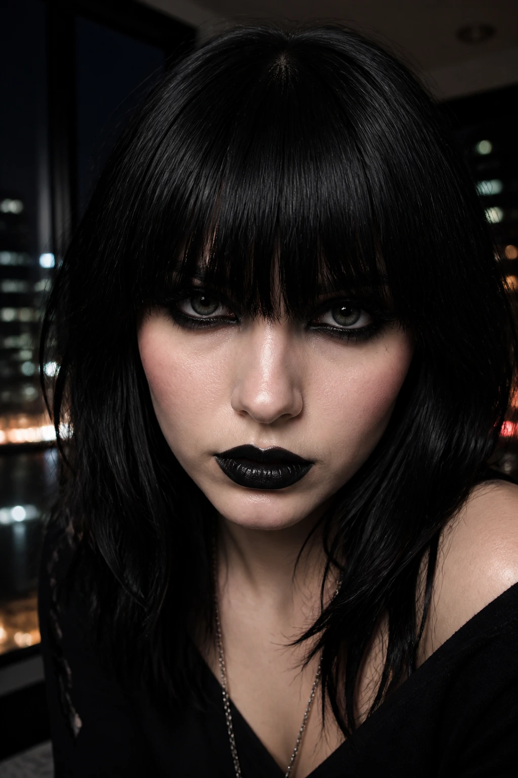 Close-up of a real person with a thick, full black fringe