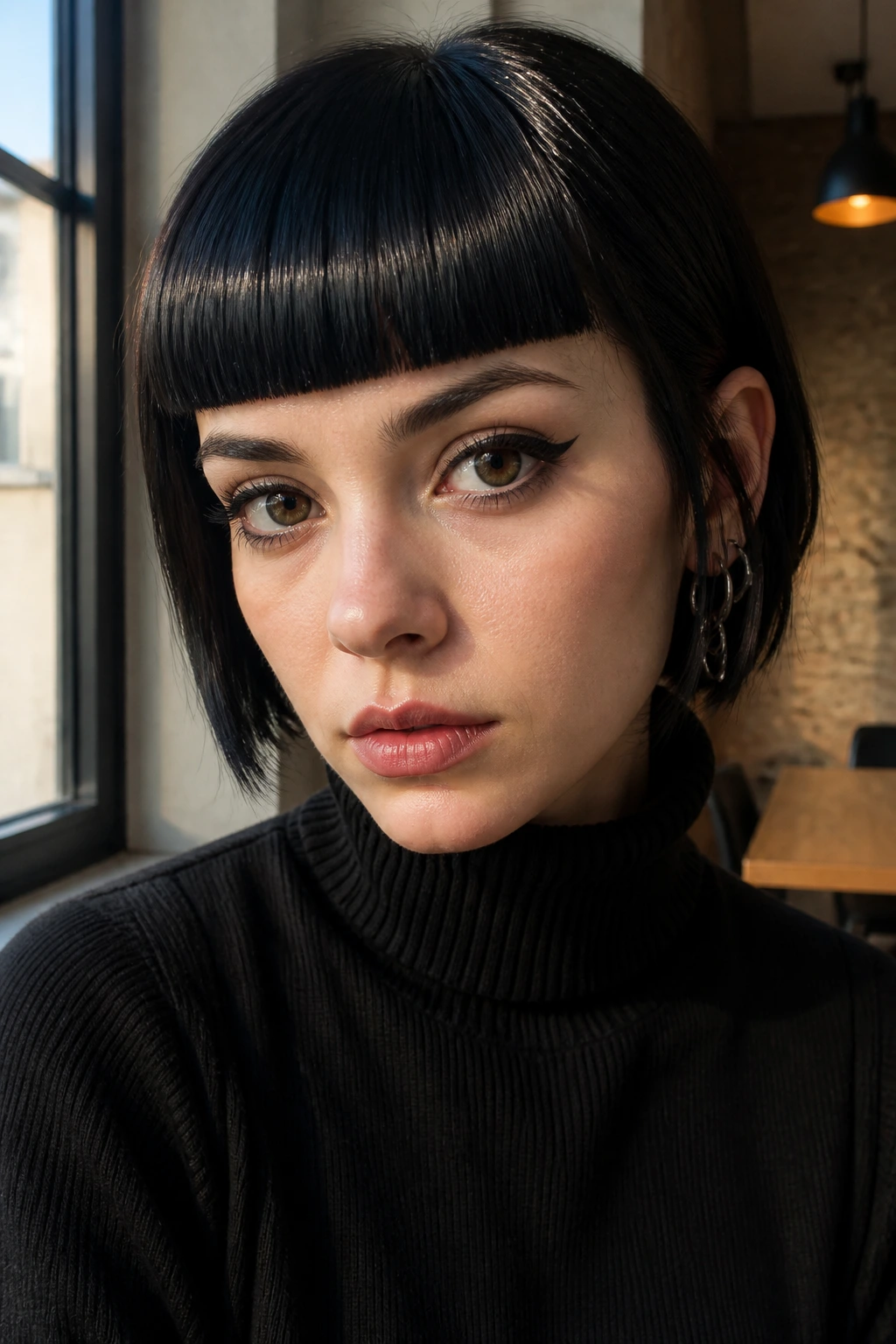 Close-up of a real person with razor-cut straight bangs on short dark hair