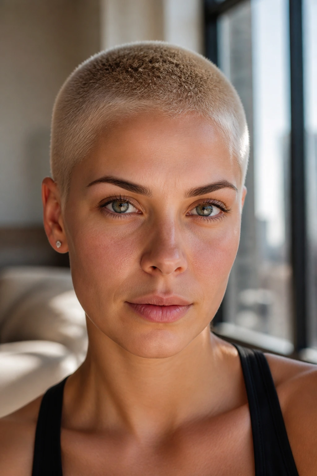 Close-up of a real person with bleach blonde buzz cut and soft shadow root in bright daylight