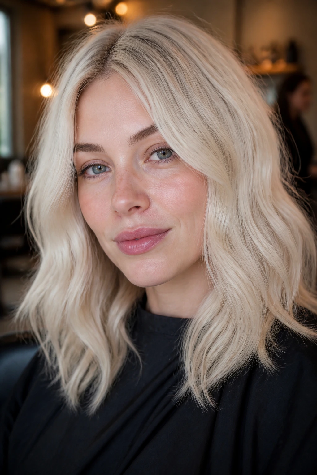 Close-up of a real person with icy blonde hair in a warm salon setting