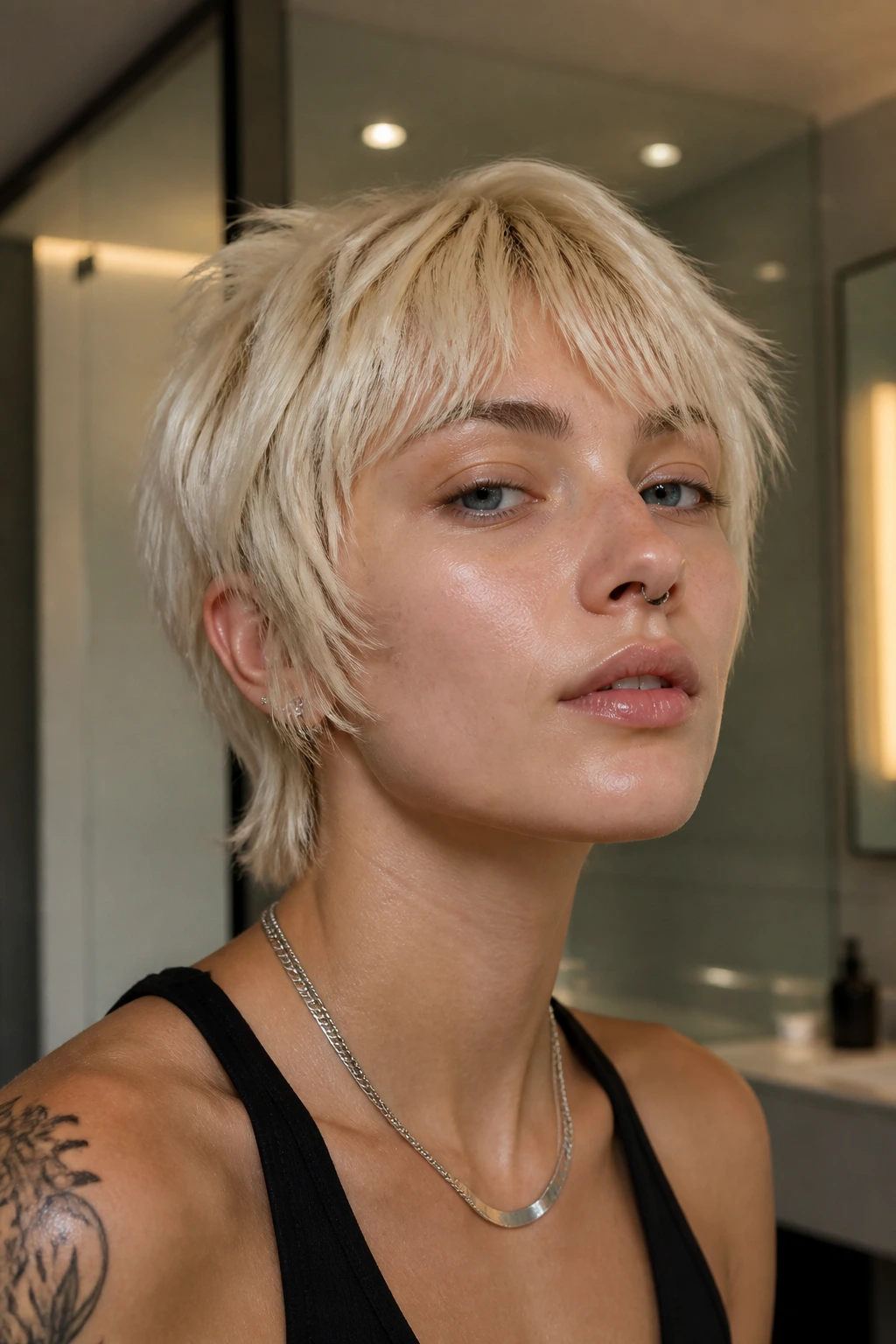 Close-up portrait of a real person with a bleach blonde razor cut hairstyle