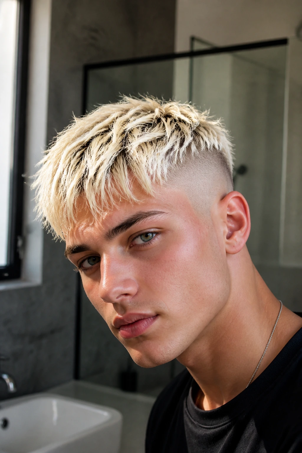 Close-up of a real person with bleach-heavy textured fringe fade, frontal hair detail and highlighted top