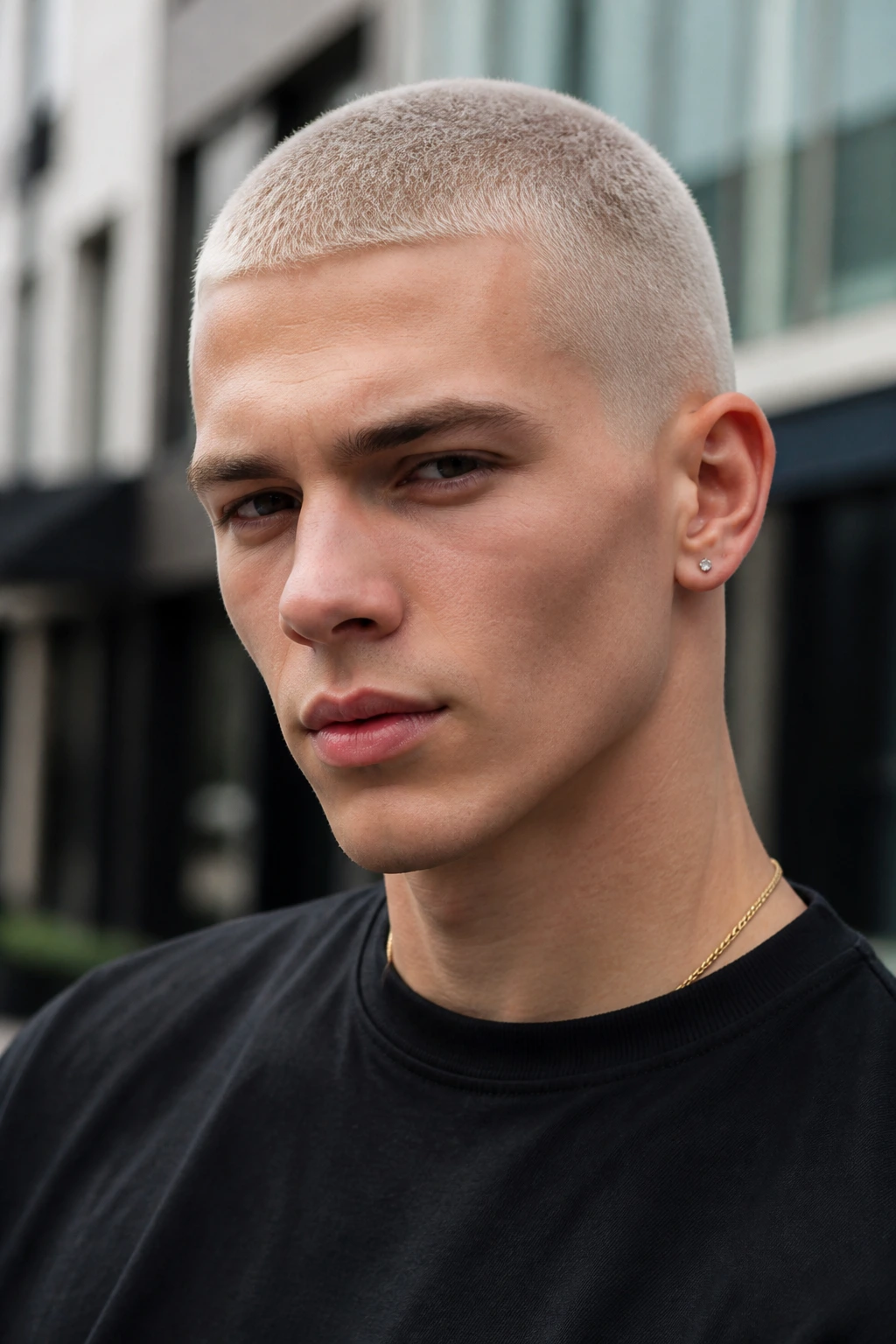 Close-up of a man with a bleached buzz cut and crisp fade