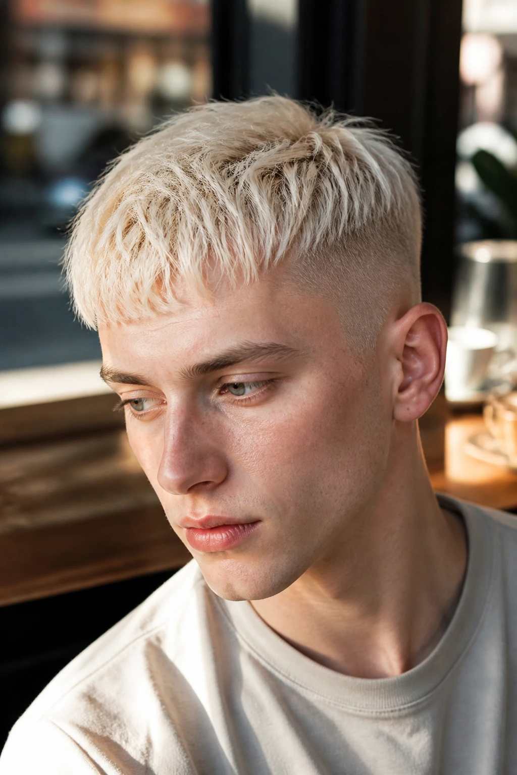 Close-up of a real person with a bleached French crop and forward-weight fringe