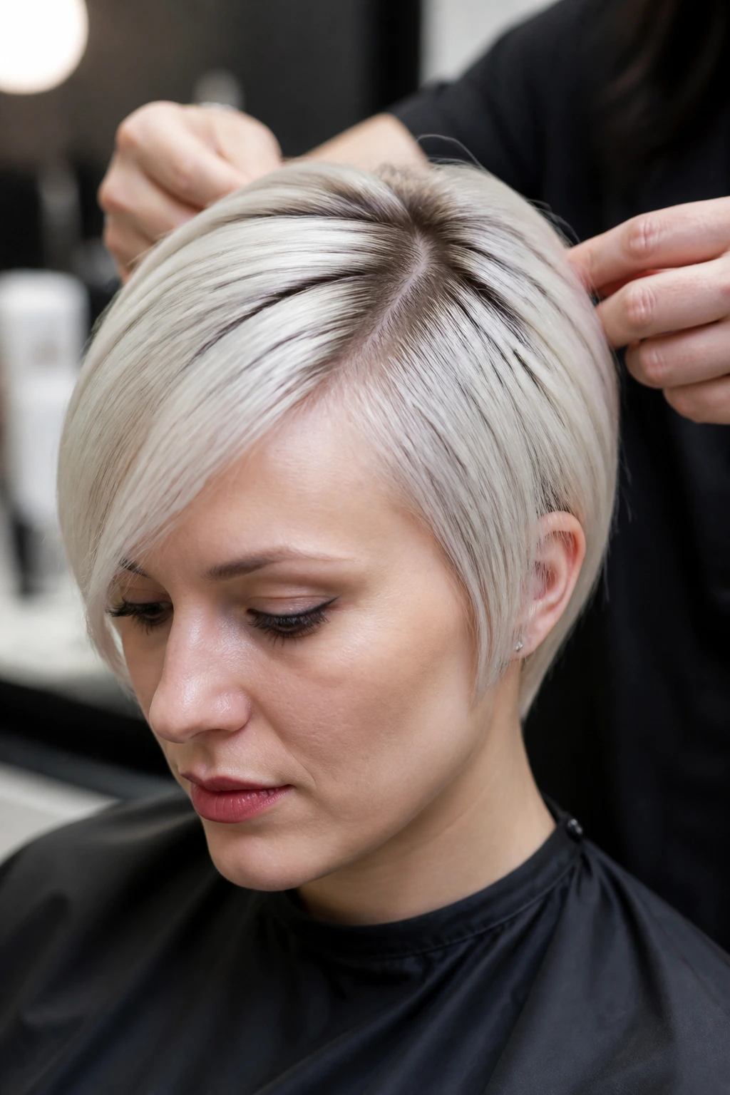 Close-up portrait of a person with short bleached hair showing root regrowth in a salon