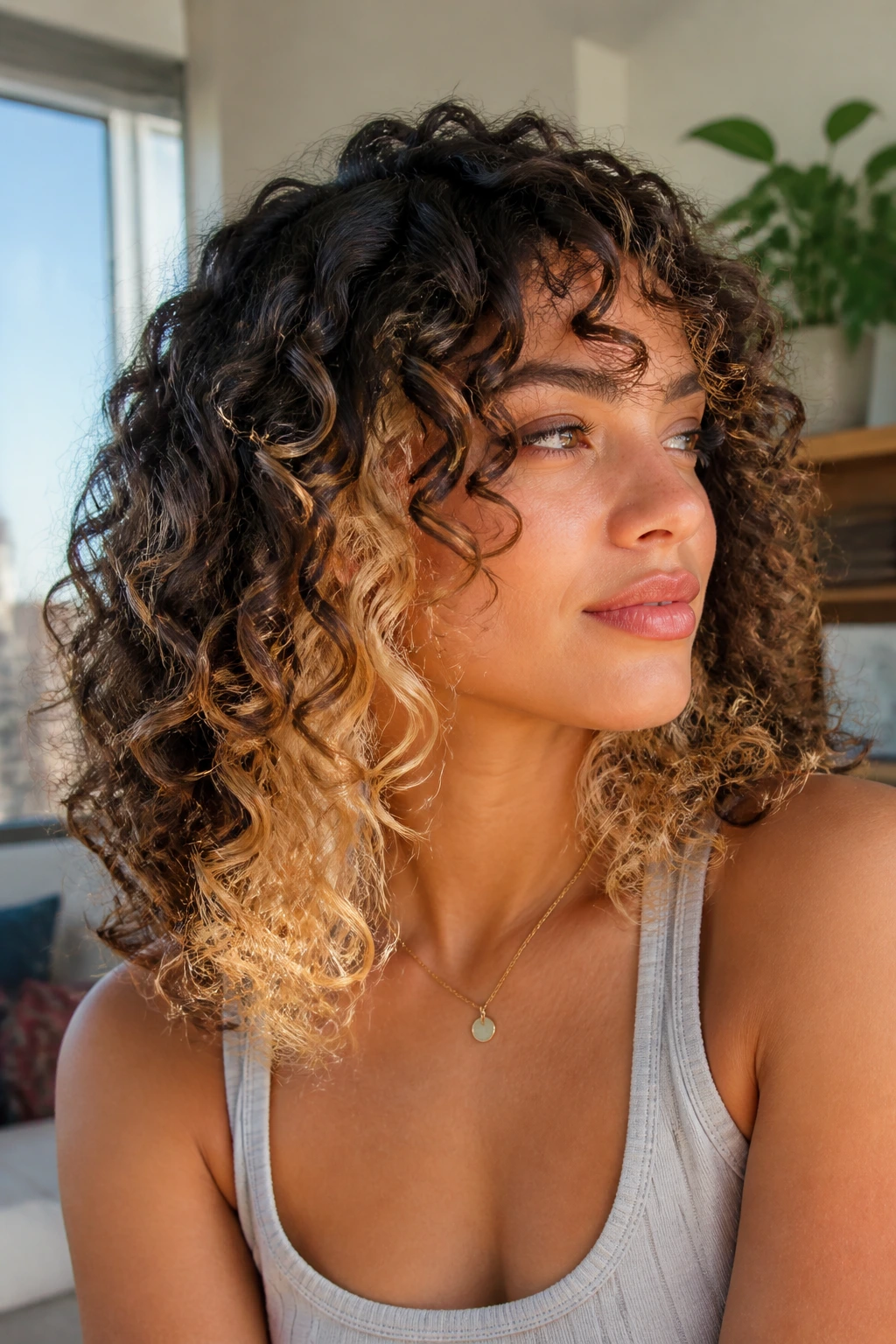 Curly hair with halo underlayers peeking through, darker exterior and bright underlayers