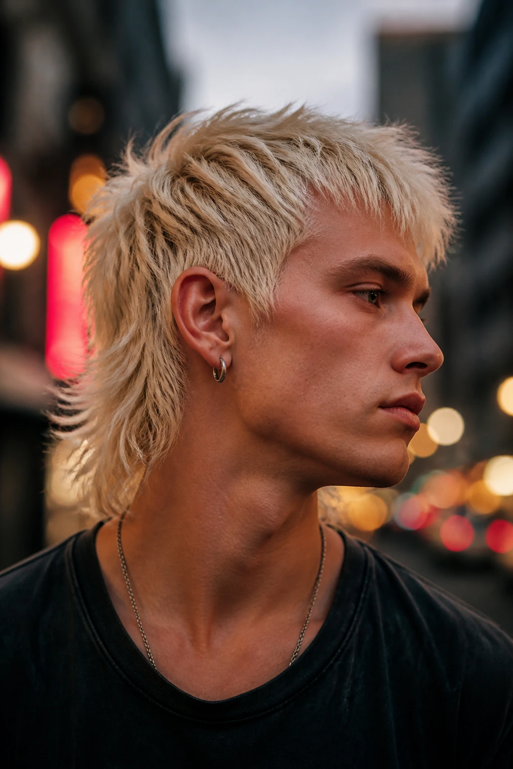 Three-quarter profile of a man with a dramatic bleached mullet on an urban street