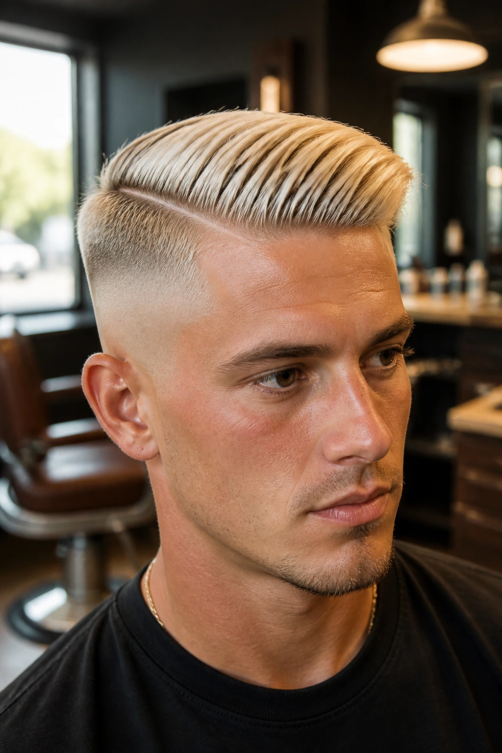 Close-up of a real man with a bleached top and clean side part fade in a barber shop
